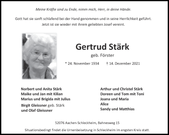 Traueranzeige von Gertrud Stärk von Aachener Zeitung / Aachener Nachrichten