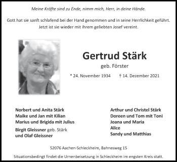 Traueranzeige von Gertrud Stärk von Zeitung am Sonntag