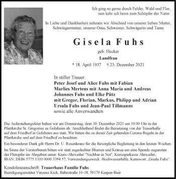Traueranzeige von Gisela Fuhs von Aachener Zeitung / Aachener Nachrichten