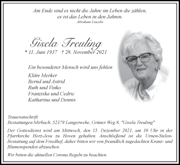 Traueranzeige von Gisela Treuling von Zeitung am Sonntag
