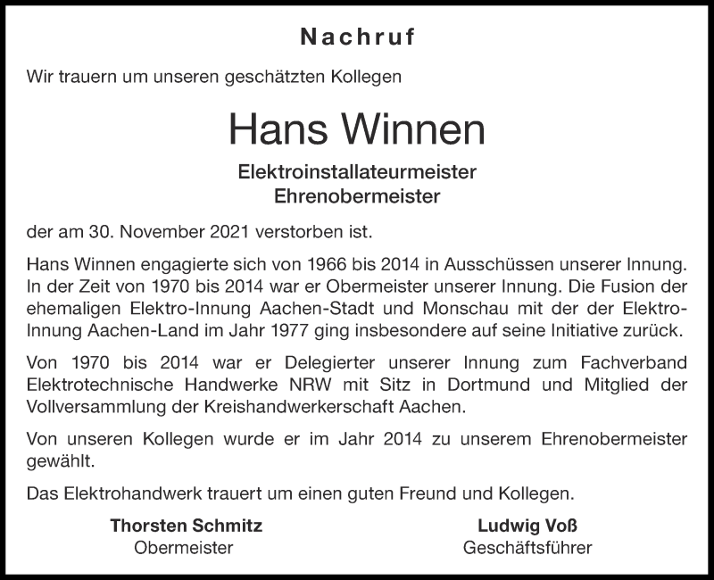  Traueranzeige für Hans Winnen vom 04.12.2021 aus Aachener Zeitung / Aachener Nachrichten