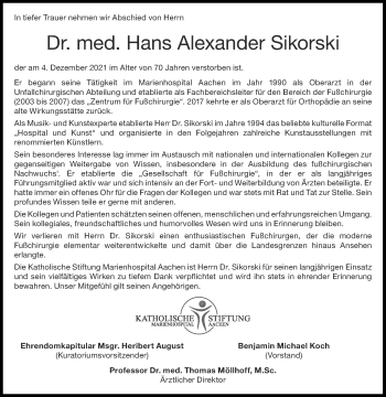 Traueranzeige von Hans Alexander Sikorski von Aachener Zeitung / Aachener Nachrichten