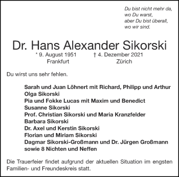 Traueranzeige von Hans Alexander Sikorski von Aachener Zeitung / Aachener Nachrichten