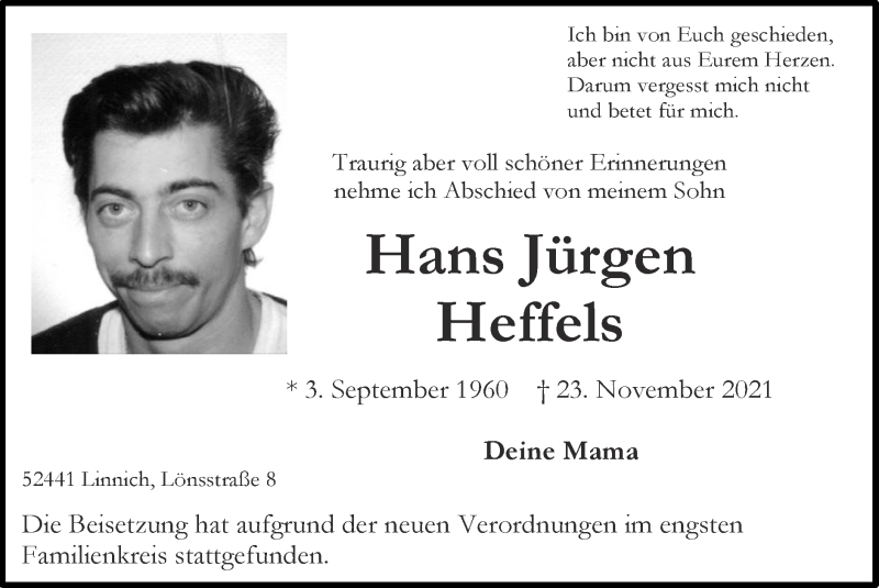  Traueranzeige für Hans Jürgen Heffels vom 05.12.2021 aus Zeitung am Sonntag