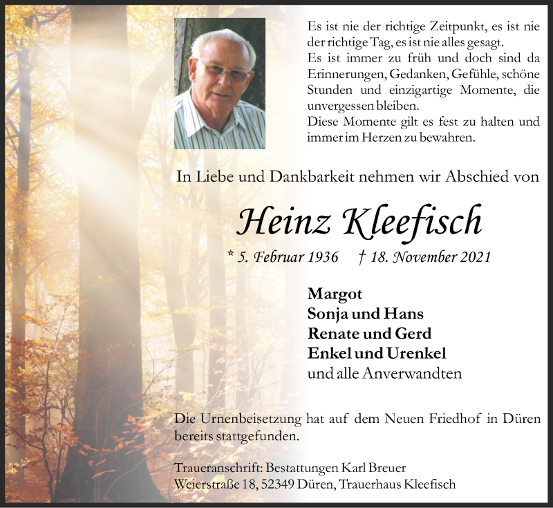  Traueranzeige für Heinz Kleefisch vom 05.12.2021 aus Zeitung am Sonntag