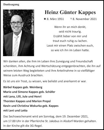 Traueranzeige von Heinz Günter Kappes von Zeitung am Sonntag