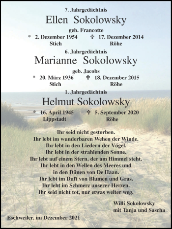 Traueranzeige von Helmut Sokolowsky von Zeitung am Sonntag