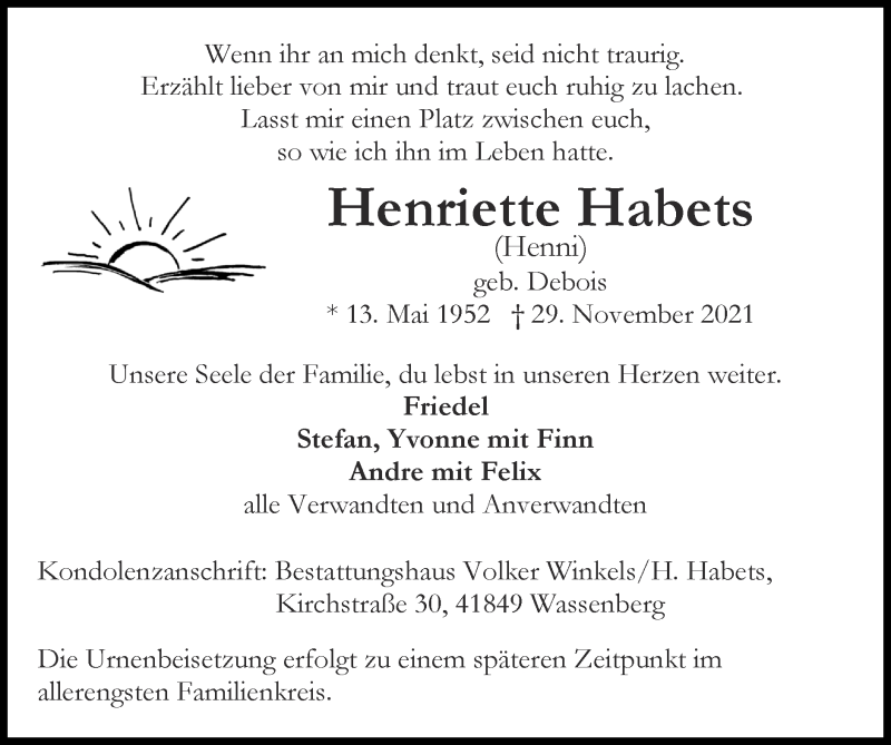  Traueranzeige für Henriette Habets vom 05.12.2021 aus Zeitung am Sonntag