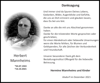 Traueranzeige von Herbert Mannheims von Zeitung am Sonntag