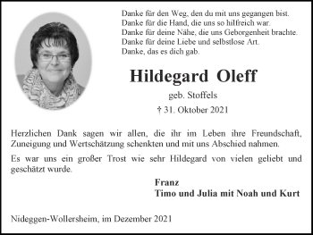 Traueranzeige von Hildegard Oleff von Zeitung am Sonntag