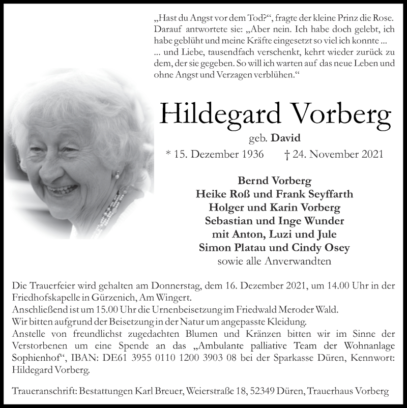  Traueranzeige für Hildegard Vorberg vom 12.12.2021 aus Zeitung am Sonntag