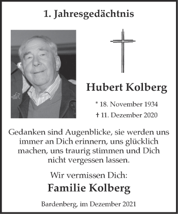 Traueranzeige von Hubert Kolberg von Zeitung am Sonntag