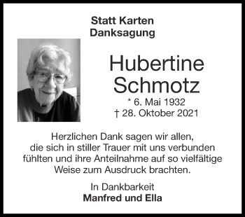 Traueranzeige von Hubertine Schmotz von Zeitung am Sonntag