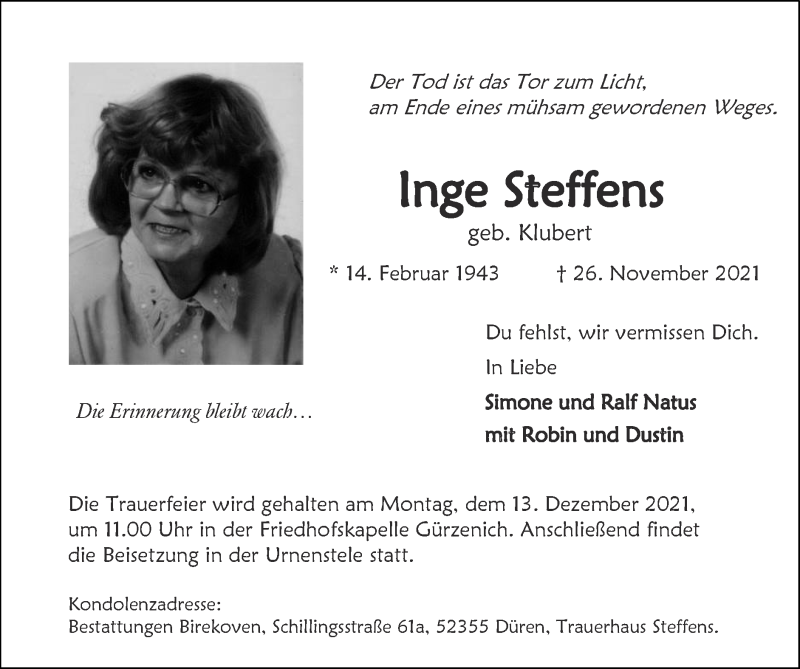 Traueranzeigen von Inge Steffens | Aachen gedenkt