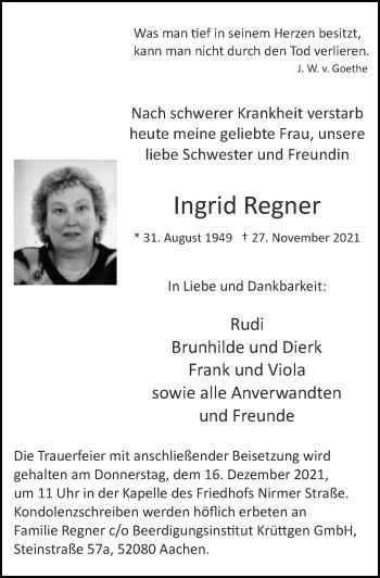 Traueranzeigen von Ingrid Regner | Aachen gedenkt