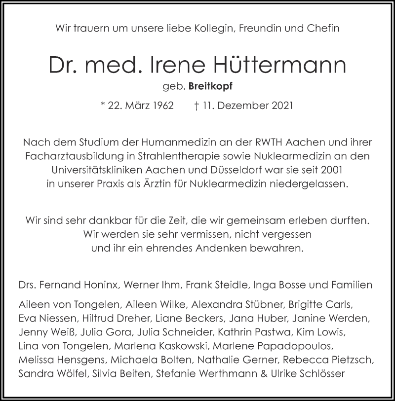  Traueranzeige für Irene Hüttermann vom 18.12.2021 aus Aachener Zeitung / Aachener Nachrichten