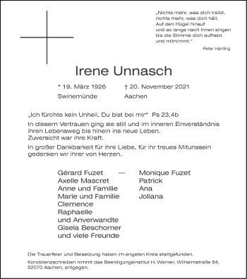 Traueranzeige von Irene Unnasch von Aachener Zeitung / Aachener Nachrichten