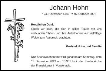 Traueranzeige von Johann Hohn von Zeitung am Sonntag