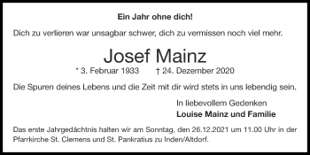 Traueranzeige von Josef Mainz von Zeitung am Sonntag