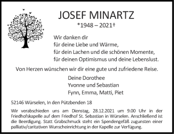 Traueranzeige von Josef Minartz von Aachener Zeitung / Aachener Nachrichten