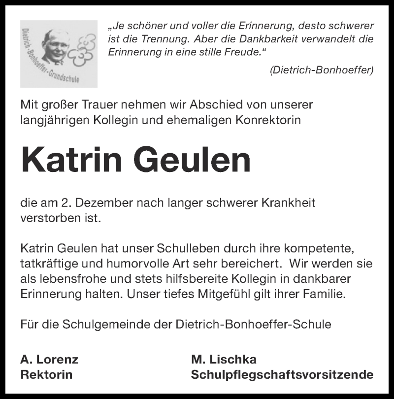  Traueranzeige für Katrin Geulen vom 19.12.2021 aus Zeitung am Sonntag