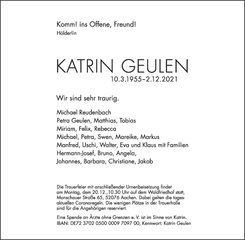  Traueranzeige für Katrin Geulen vom 11.12.2021 aus Aachener Zeitung / Aachener Nachrichten