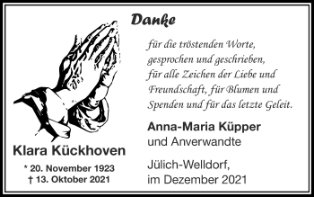 Traueranzeige von Klara Kückhoven von Zeitung am Sonntag