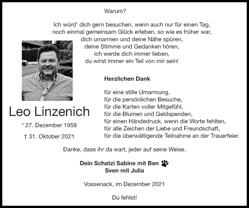  Traueranzeige für Leo Linzenich vom 19.12.2021 aus Zeitung am Sonntag