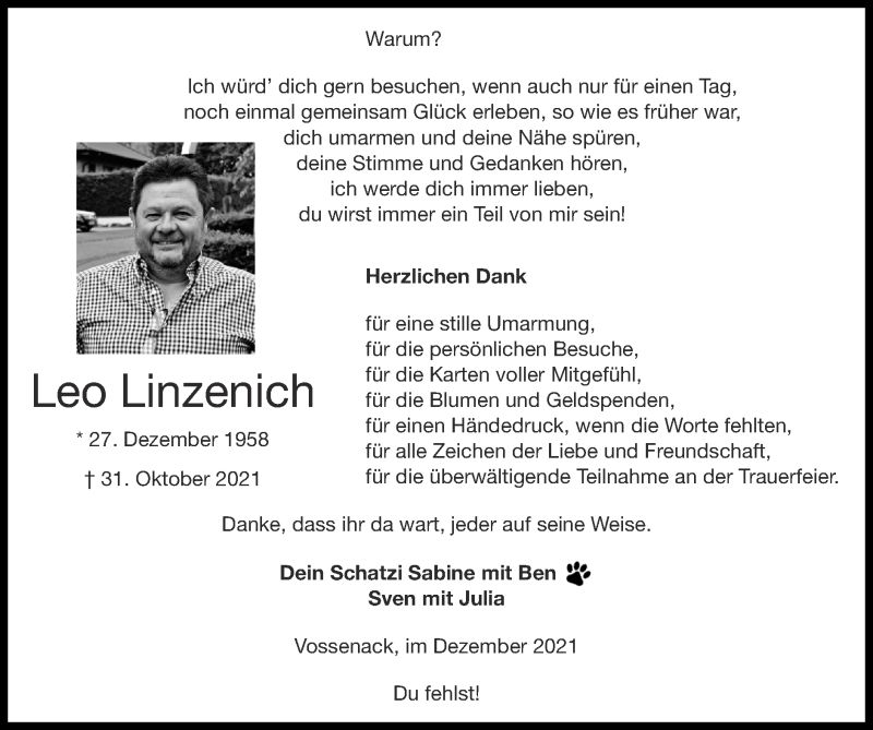  Traueranzeige für Leo Linzenich vom 26.12.2021 aus Zeitung am Sonntag