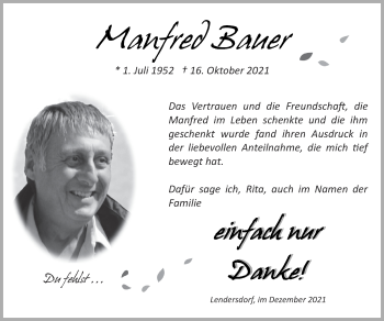 Traueranzeige von Manfred Bauer von Zeitung am Sonntag