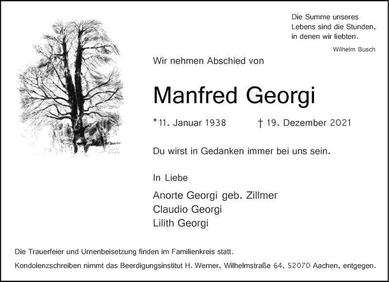  Traueranzeige für Manfred Georgi vom 31.12.2021 aus Aachener Zeitung / Aachener Nachrichten