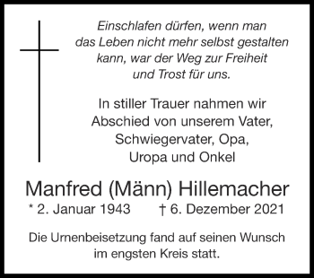 Traueranzeige von Manfred  Hillemacher von Zeitung am Sonntag