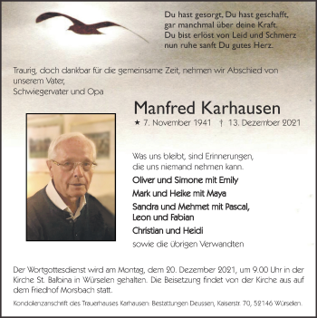 Traueranzeige von Manfred Karhausen von Zeitung am Sonntag