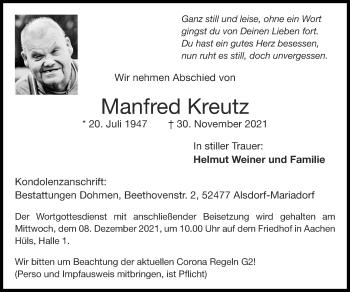 Traueranzeige von Manfred Kreutz von Zeitung am Sonntag