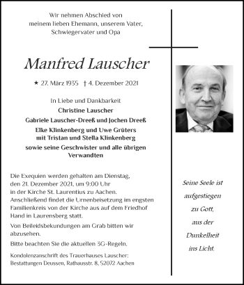 Traueranzeige von Manfred Lauscher von Zeitung am Sonntag