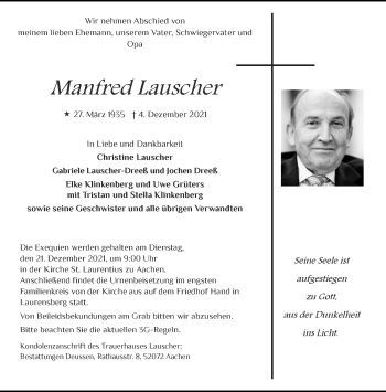 Traueranzeige von Manfred Lauscher von Aachener Zeitung / Aachener Nachrichten