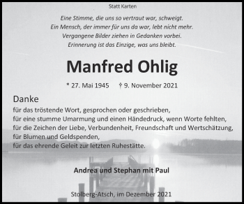 Traueranzeige von Manfred Ohlig von Zeitung am Sonntag