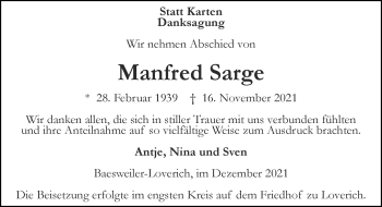 Traueranzeige von Manfred Sarge von Zeitung am Sonntag