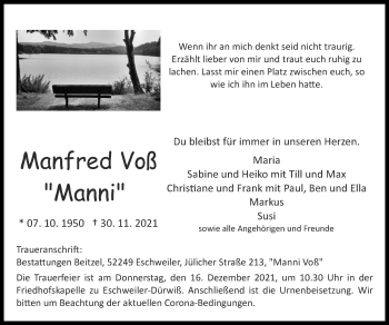 Traueranzeige von Manfred Voß von Zeitung am Sonntag