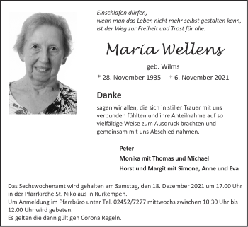 Traueranzeige von Maria Wellens von Zeitung am Sonntag