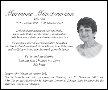 Traueranzeige von Marianne Münstermann von Zeitung am Sonntag