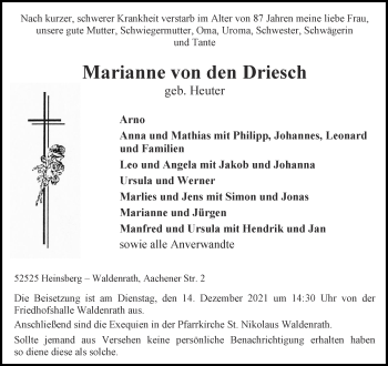 Traueranzeige von Marianne von den Driesch von Aachener Zeitung / Aachener Nachrichten
