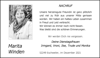 Traueranzeige von Marita Winden von Zeitung am Sonntag