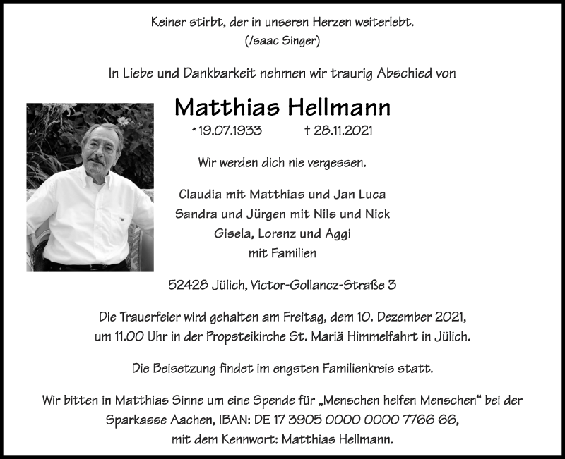  Traueranzeige für Matthias Hellmann vom 04.12.2021 aus Aachener Zeitung / Aachener Nachrichten