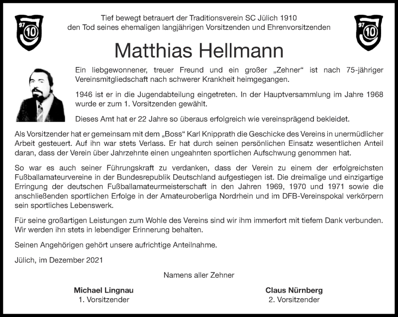  Traueranzeige für Matthias Hellmann vom 11.12.2021 aus Aachener Zeitung / Aachener Nachrichten