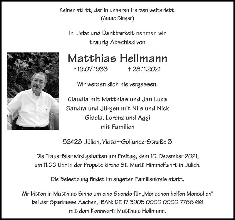  Traueranzeige für Matthias Hellmann vom 05.12.2021 aus Zeitung am Sonntag