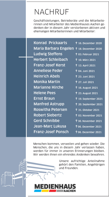 Traueranzeige von Medienhauses Aachen gedenkt von Zeitung am Sonntag