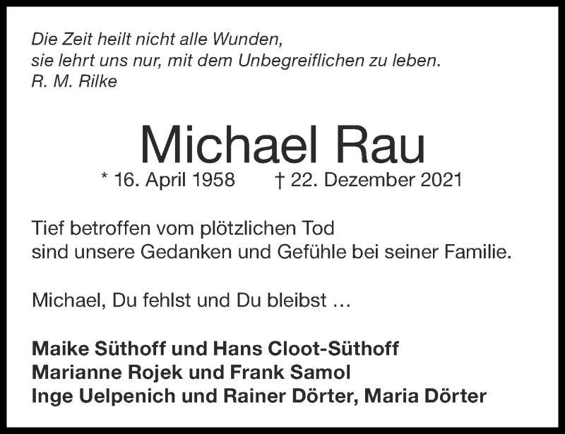  Traueranzeige für Michael Rau vom 29.12.2021 aus Aachener Zeitung / Aachener Nachrichten