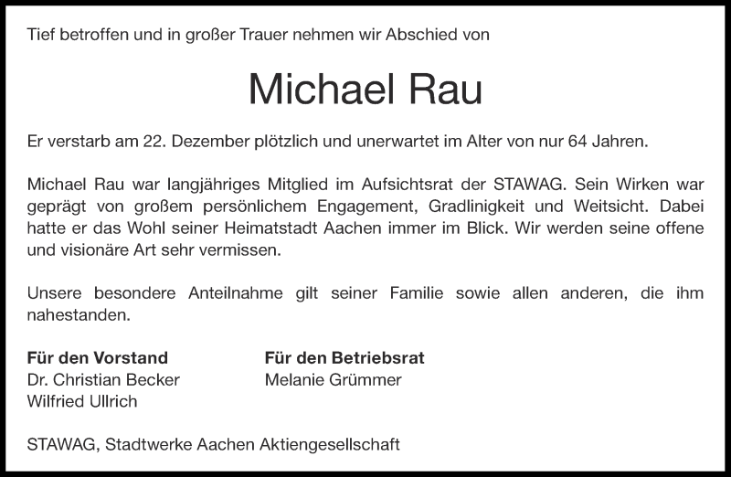  Traueranzeige für Michael Rau vom 31.12.2021 aus Aachener Zeitung / Aachener Nachrichten