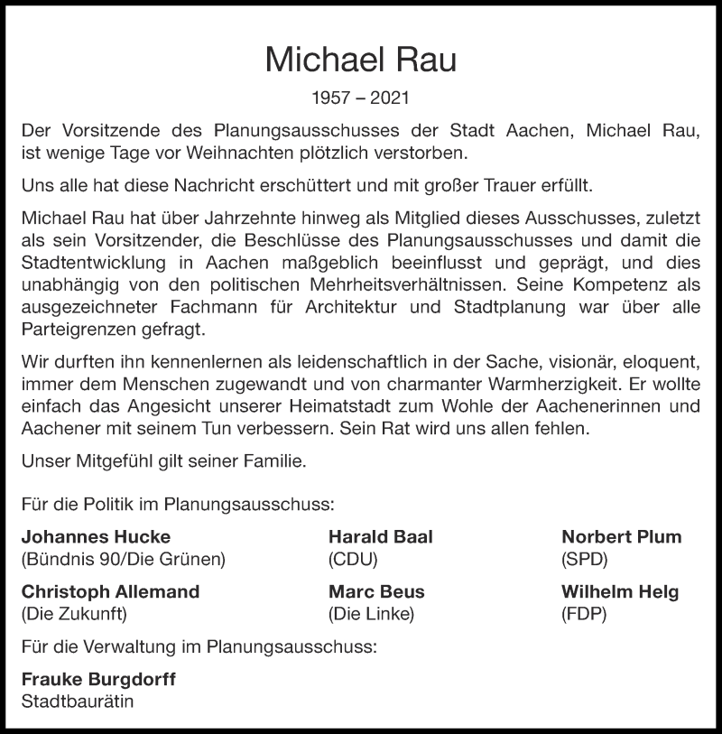  Traueranzeige für Michael Rau vom 29.12.2021 aus Aachener Zeitung / Aachener Nachrichten